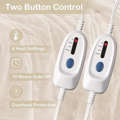 Electric Heated Blanket Queen Size 84"x90", Soft Plush Microplush for Bed, Dual Controllers & Dual Heating Zones, 10 Hours Auto Off & 4 Heating Levels, Machine Washable, Gifts for Family-White