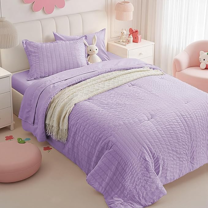 Zzlpp Twin Comforter Set 5 Pieces, Light Purple Seersucker Bed in a Bag with Comforter and Pillowcase, All Season Bedding Sets with 1 Comforter, 1 Pillow Sham, 1 Flat Sheet, 1 Fitted Sheet