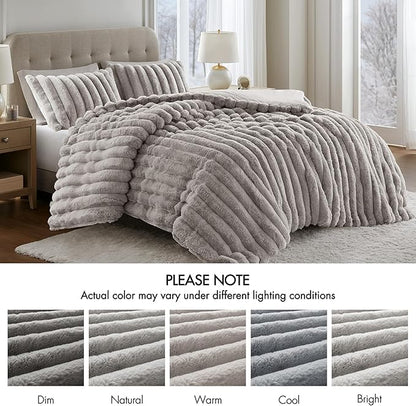 Madison Park Jasmine King Comforter Set, Luxurious Reversible Faux Fur Plush Ribbed Velvet Bedding, Fuzzy Thick Warm Winter Comforter, Super Soft Fluffy 3-Piece Set Light Grey