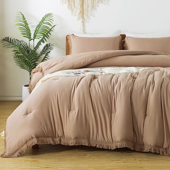 Andency Taupe Comforter Set California King, 3 Pieces Boho Tassel Lightweight Bedding Comforter Sets, Tan All Season Soft Fluffy Fringe Bed Set (104x96In Comforter & 2 Pillowcases)