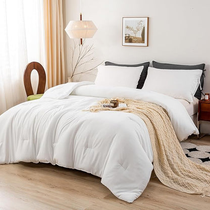 White Comforter Full Size Bed - Super Soft Cozy Modern Polycotton Fabric - Bedding Blanket Quilt Set for Man Women Lightweight All Season Use - 3 Piece - 1 Solid Comforter and 2 Pillow Case