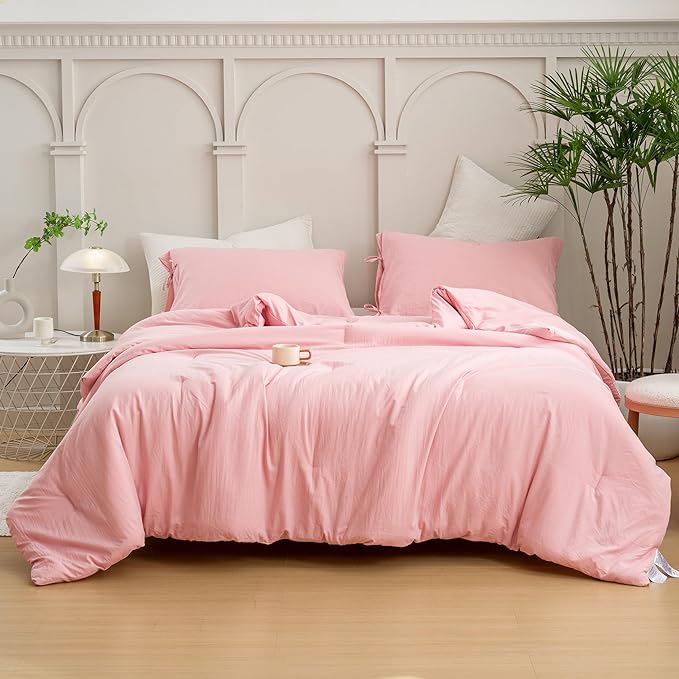 Blush Light Pink King Size Down Comforter, Super Soft Washed Polycotton Fabric, Cozy Comfy Down Alternative Bed Blanket Comforter Set and Pillowcase Lightweight but Warm for Women All Season