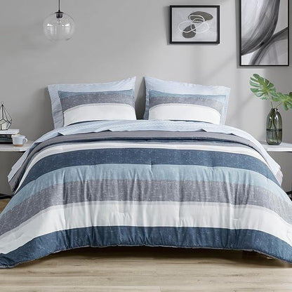 Madison Park Essentials Jaxon Bed in a Bag Comforter Set with Sheet, Printed Stripe Design, Modern All Season Bedding and Matching Sham, California King Blue/Grey 7 Piece