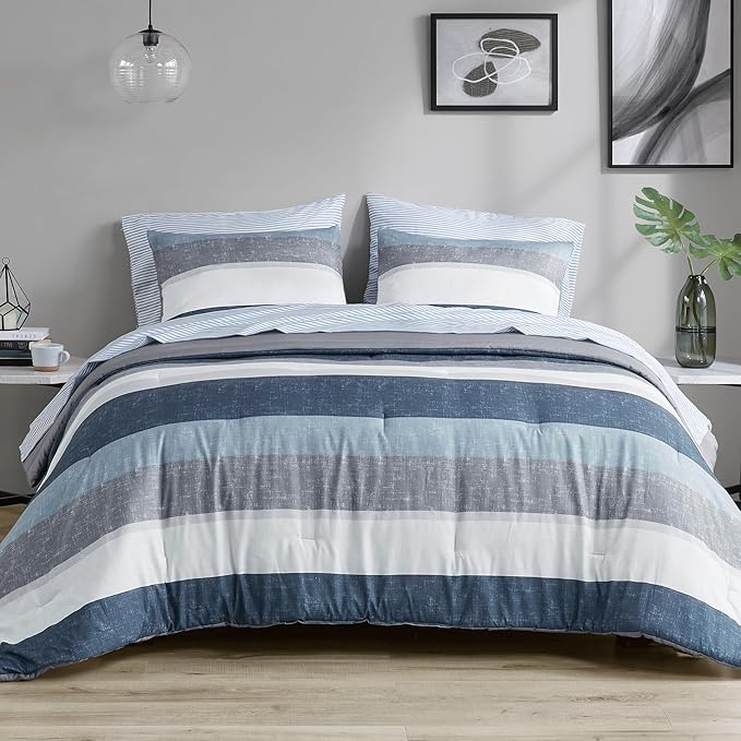 Madison Park Essentials Jaxon Bed in a Bag Comforter Set with Sheet, Printed Stripe Design, Modern All Season Bedding and Matching Sham, Queen Blue/Grey 7 Piece