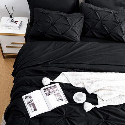 Ubauba 7pc Black King Size Comforter Set with Sheets, 7 Piece Pinch Pleating Bed in a Bag Sets, Pintuck All Season Beddings with Comforter (Black,King)