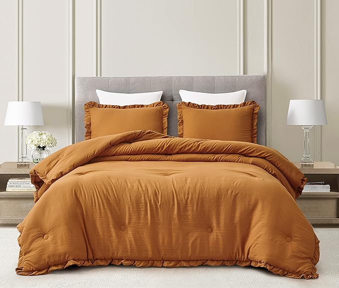Chezmoi Collection Nora Spice Orange Comforter Set Twin Size 2-Piece Lightweight Soft Stone-Washed Ruffled Shabby Chic Bedding for All Season
