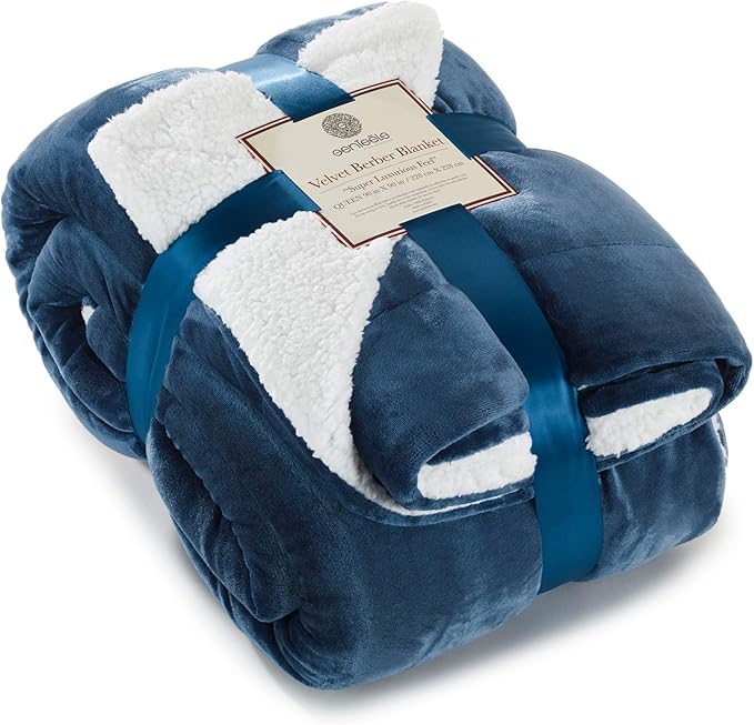 Genteele Sherpa Throw Blanket Super Soft Reversible Ultra Luxurious Plush Blanket, 90 x 90 inches, Navy/White