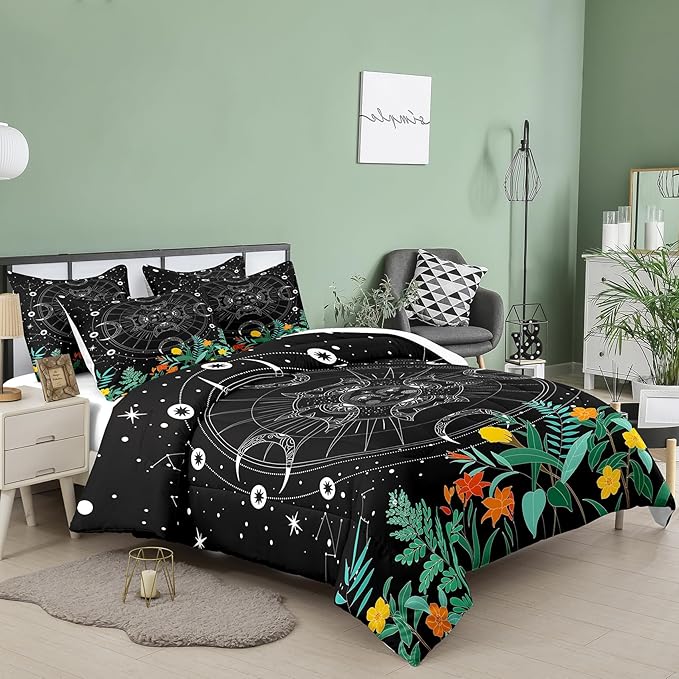 Tailor Shop Celestial Bedding Queen Size,Sun and Moon Bedding for Boys Girls Kids Teens,Galaxy Comforter,Gothic Comforter Witchy Comforter Boho Exotic Black Bed with 2 Pillowcases, Yh-sun and Moon 19