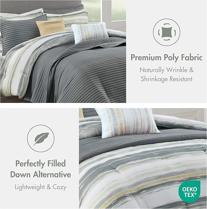 Madison Park Marina Comforter Quilt Combo Set - Modern Luxury Design, All Season Down Alternative Bedding, Matching Shams, Decorative Pillows, Full/Queen(90"x90"), Yellow 8 Piece