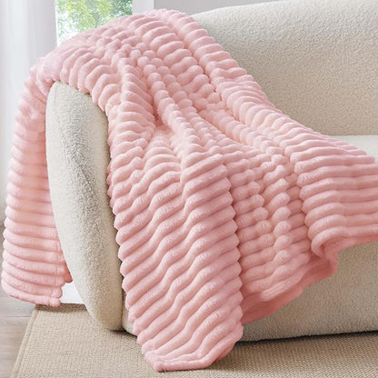 BEDELITE Twin Blanket for Couch & Bed, 300GSM Soft & Warm Fleece Blanket, Decorative and Giftable Striped Pink Blankets for Women, Men, 60"x80"
