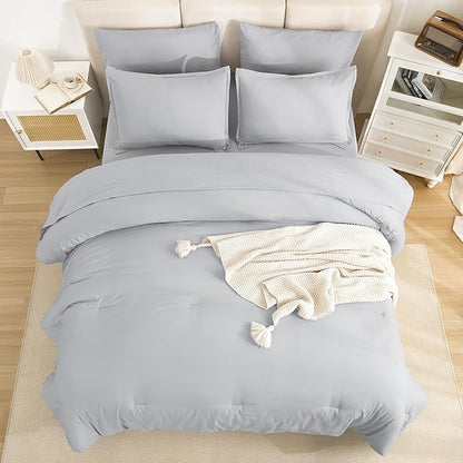 Litanika California King Comforter Set Light Grey - 7 Pieces Bed in a Bag Cal King Bedding Comforter Sets, Plain Lightweight Bed Set with Comforter, Sheets, Pillowcases & Shams