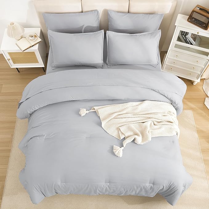 Litanika Super King Comforter Sets Light Grey - 7 Pieces Bed in a Bag Oversized King Bedding Comforter Sets, Solid Lightweight Bed Set with Comforter, Sheets, Pillowcases & Shams