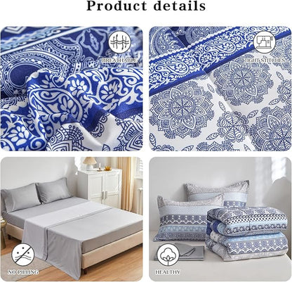 Flysheep Bohemian Striped Bed in a Bag 6 Pieces Twin Size, Boho Blue Grey Geometric Pattern Reversible Bed Comforter Set (1 Comforter, 1 Flat Sheet, 1 Fitted Sheet, 2 Pillow Shams, 1 Pillowcase)