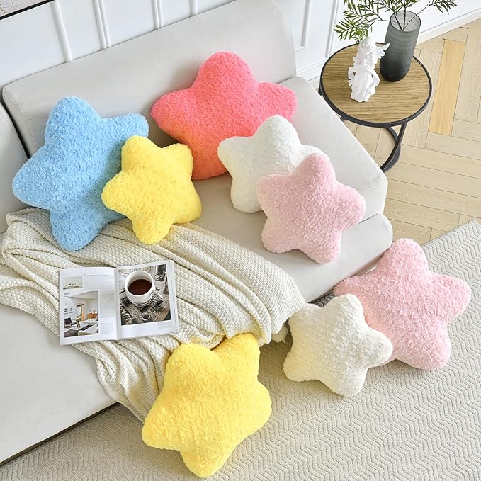 Star Pillow, 14.9" Star Shaped Plush Pillow for Couch Bed Sofa, Cute Decorative Throw Pillows with Soft Faux Fur Room Decor for Bedroom Living Room (Yellow)
