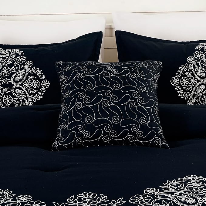 Chezmoi Collection Linz 7-Piece Black/White Paisley Floral Scroll Embroidered Comforter Set, King