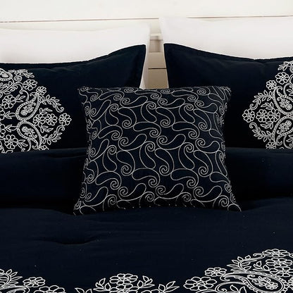 Chezmoi Collection Linz 7-Piece Black/White Paisley Floral Scroll Embroidered Comforter Set, Queen