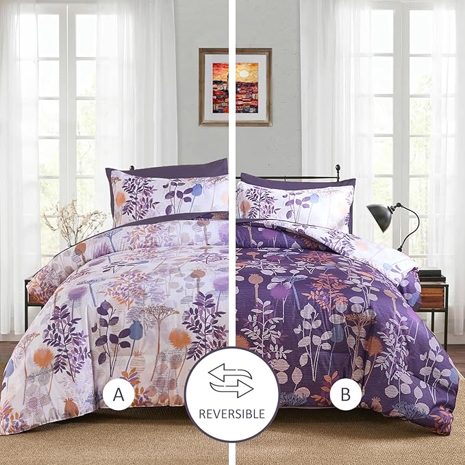 Anibedding Full Size Comforter Set, Purple Botanical Bed in a Bag Complete Set with Sheet Pillowcase for Kid's Bedroom All Season