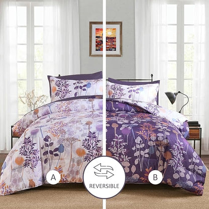 Anibedding 7Pieces King Size Comforter Set, Purple Botanical Bed in a Bag Complete Set with Sheet Pillowcase for Bedroom All Season