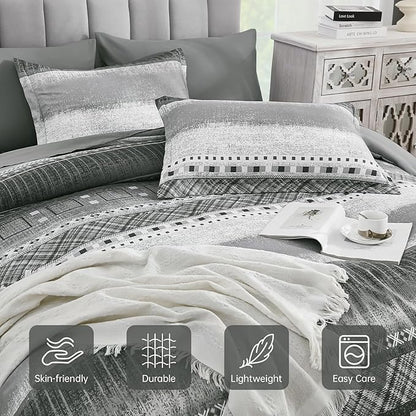 WONGS BEDDING 8 Piece Queen Size Comforter Set, Texture Striped Bed in a Bag Grey Comforter and Sheet Set, Boho Lightweight Microfiber Bedding Set for All Season (90"×90")