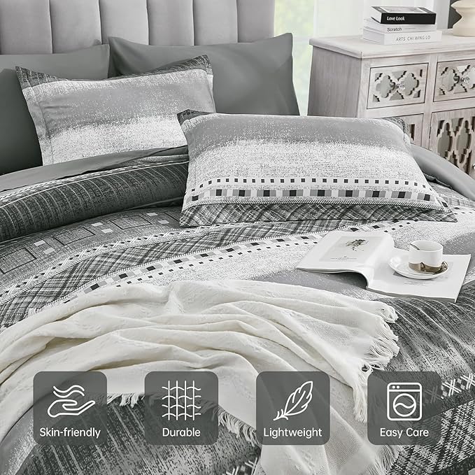 WONGS BEDDING 8 Piece King Size Comforter Set, Texture Striped Bed in a Bag Grey Comforter and Sheet Set, Boho Lightweight Microfiber Bedding Set for All Season (90"×104")