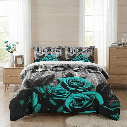 King Size Comforter Set with 2 Pillowcases, Cyan Rose Flower Love 3 Pcs Bedding for Kids and Adults, Summer Vintage Woodboard Soft Comforter Set for Bedroom Bed Decor
