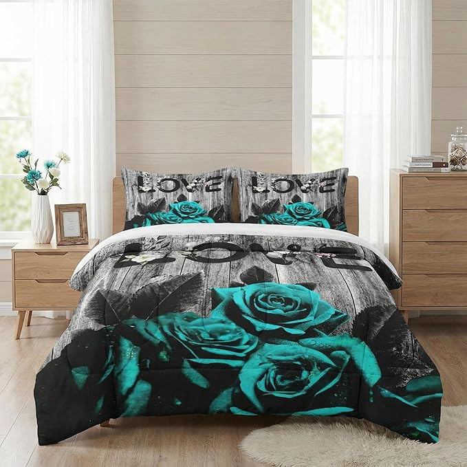 Queen Size Comforter Set with 2 Pillowcases, Cyan Rose Flower Love 3 Pcs Bedding for Kids and Adults, Summer Vintage Woodboard Soft Comforter Set for Bedroom Bed Decor