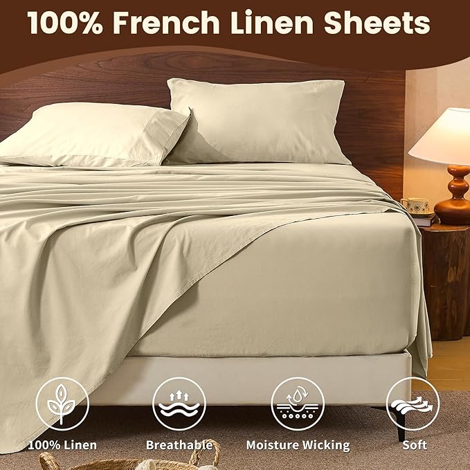 100% Linen Sheet Set Cal King Size Extra Deep Pocket Fits 18-24 Inch Mattress, Breathable & Soft, Smooth 6-Piece Set for Thick Mattresses Hotel Luxury Bedding（Cal King, Brown Taupe）