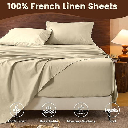 100% Linen Sheet Set Cal King Size Extra Deep Pocket Fits 18-24 Inch Mattress, Breathable & Soft, Smooth 6-Piece Set for Thick Mattresses Hotel Luxury Bedding（Cal King, Brown Taupe）
