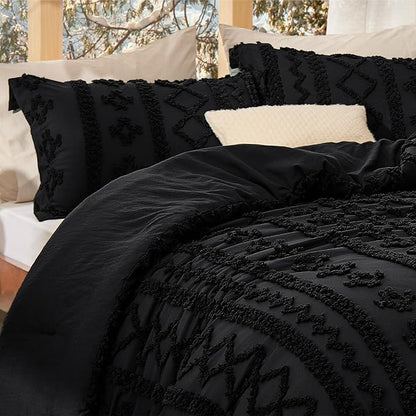 Bedsure Tufted Boho Comforter Set King Size - Black Boho Bed Set, GentleSoft™ 3 Pieces Farmhouse Shabby Chic Embroidery Bedding, Gifts for Woman, Soft Jacquard King Comforter for All Seasons