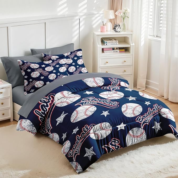 Nesker 7 Pcs Comforter Set Full Size, Red White Blue Baseball Boys Bedding Set for Kids and Adults, Kids Vintage Ball Sports Bed Sheet Sets with Fitted Sheet 2 Pillowcases & 2 Shams