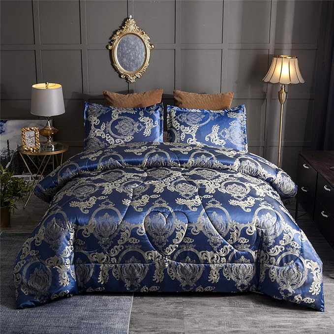 Comforter Set Satin Silk Blanket All Season Bed Luxury Royal Blue Jacquard Quilt Bedding Sets Matching 2 Pillow Shams (Full/Queen, 88x88 inches, 3 Pieces)