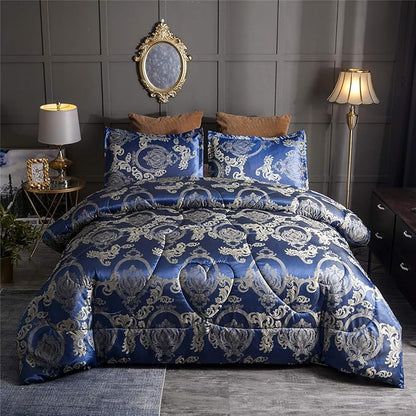 Comforter Set Satin Silk Blanket All Season Bed Luxury Royal Blue Jacquard Quilt Bedding Sets Matching 2 Pillow Shams (Full/Queen, 88x88 inches, 3 Pieces)