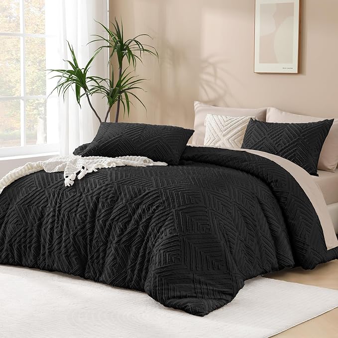 Andency Oversized King Comforter Set 120''x98'', 3 Pieces Black Soft Boho Bedding Set & Collections, All Season Farmhouse Tufted Fluffy Bed Set (1 Comforter, 2 Pillowcases)