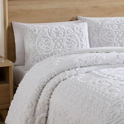 Beatrice Home Fashions Medallion Tufted Chenille Comforter 3-Piece Set, Cotton, All Season Cozy Bedding, Queen, White