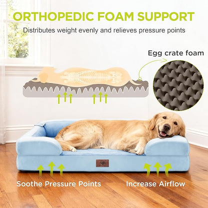 Orthopedic Dog Bed for Extra Large Dogs, XXL Waterproof Egg Crate Memory Foam Pet Bed Bolsters with Removable Washable Cover & Non-Slip Bottom, Tennis Ball Toy, 45x35