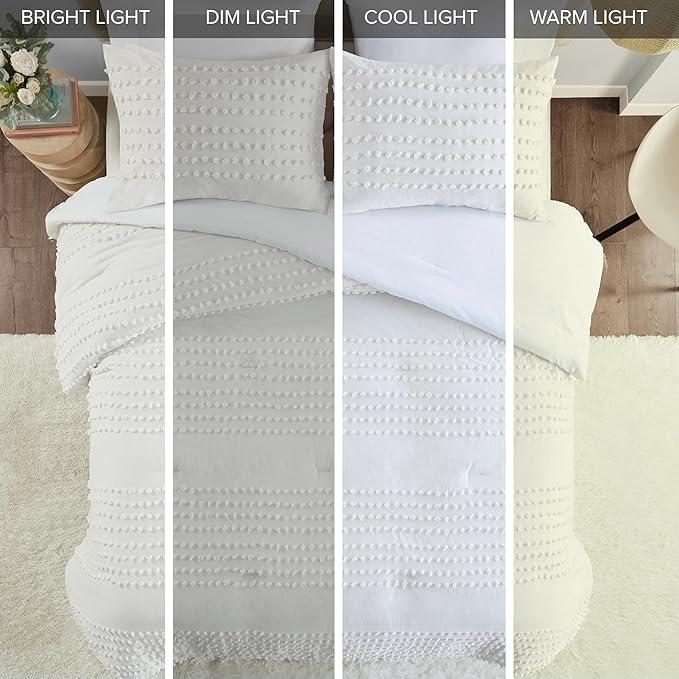 Comfort Spaces Cotton Comforter Set Jacquard Pom-Pom Tufts Design, Down Alternative, All Season Modern Bedding, Matching Shams, Twin/Twin XL, Phillips, Ivory
