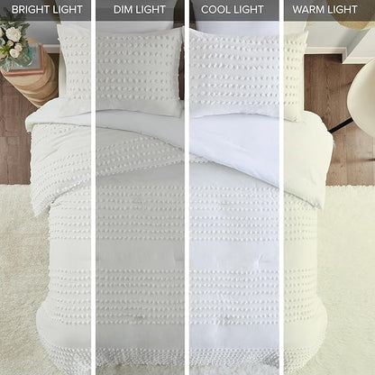 Comfort Spaces Cotton Comforter Set Jacquard Pom-Pom Tufts Design, Down Alternative, All Season Modern Bedding, Matching Shams, Twin/Twin XL, Phillips, Ivory