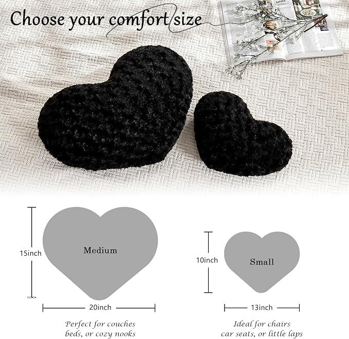 Heart Pillow Black Throw Pillows, Soft and Fluffy Decorative Pillows for Bed Couch Chair, Cute Heart Shaped Room Decor for Valentine Anniversary Birthday Halloween Christmas (Small, 13"x10")