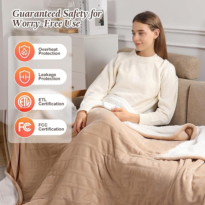Electric Throw Blanket Heated Throw 50''x60'' - Washable Heated Blanket Throw for Office, Fast Heating & Overheat Protection Electric Heating Blanket, House Warming Gifts New Home (Beige)