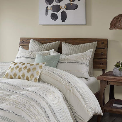 INK+IVY Luxurious Cotton-Bedding Set - Mid Century Trendy Geometric Design, All Season Cozy-Cover With Matching-Shams, Full/Queen, Nea Trims Grey/Multi