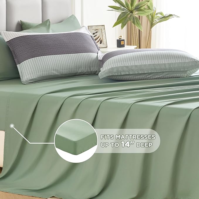 Andency California King Comforter Set Sage Green - 7 Pieces Green Striped Bed in a Bag, Soft Microfiber All Season Patchwork Bedding Set with Comforter, Fitted & Flat Sheet, Pillowcases & Shams