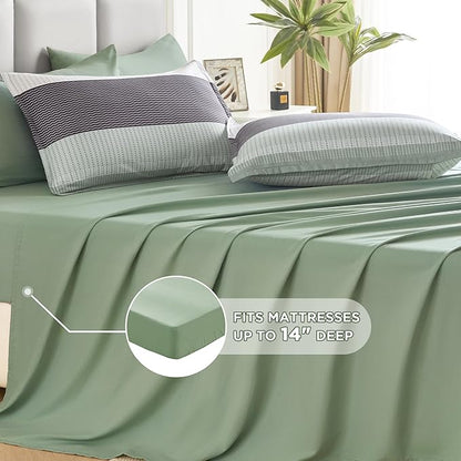 Andency Full Size Comforter Set Sage Green - 7 Pieces Green Striped Lightweight Bed in a Bag, Soft Microfiber Reversible Bedding Set with Comforter, Fitted & Flat Sheet, Pillowcases & Shams