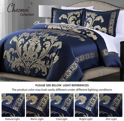 Chezmoi Collection Valor 7-Piece King Bed in a Bag, Navy/Gold Luxury Jacquard Floral Comforter with Sheets Set for All Season