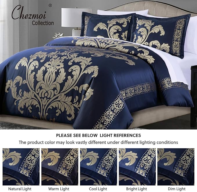 Chezmoi Collection Valor 7-Piece Queen Bed in a Bag, Navy/Gold Luxury Jacquard Floral Comforter with Sheets Set for All Season