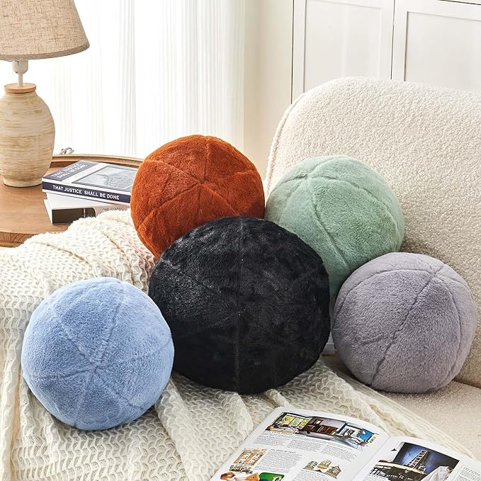 Uvvyui Black Ball Pillow, 11.8" Cute Round Throw Pillow Faux Rabbit Fur Room Decorative Throw Pillow, Ball Shaped Pillow Plush Cushion for Couch, Sofa, Bedroom