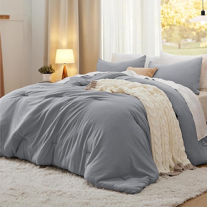 Bedsure Full Comforter Set, Grey Soft Prewashed Bedding for All Seasons, 3 Pieces GentleSoft™ Bed Set, 1 Lightweight Comforter (82"x86") and 2 Pillowcases (20"x26")