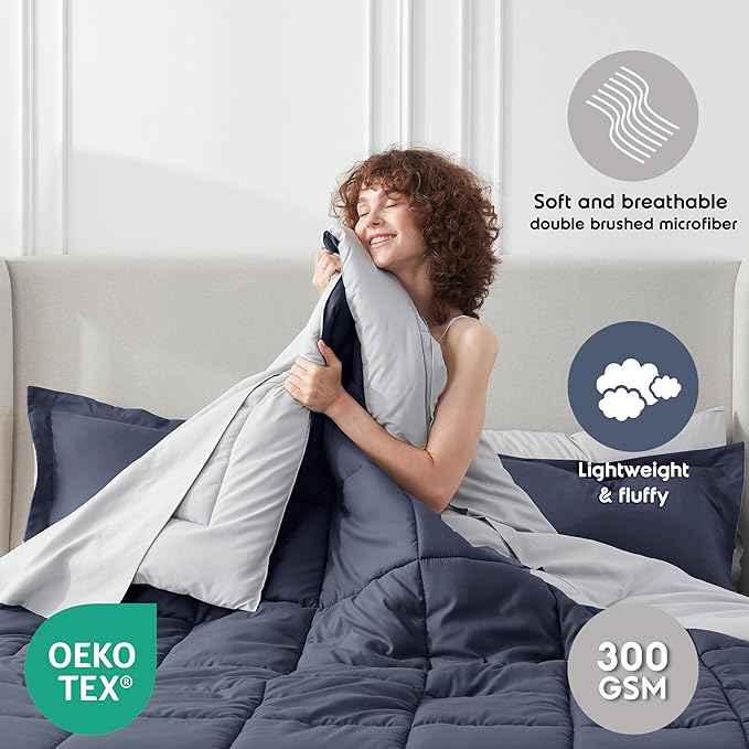 Nestl 7 Piece Queen Comforter Set – Navy Reversible Bed in a Bag – Complete Queen Size Bedding Set with Sheets, Pillowcases and Shams