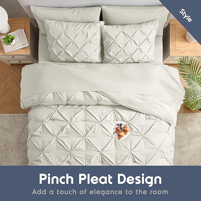 Nestl King Size Comforter Set - 7 Piece Pinch Pleated Bed in a Bag, Off White, All Season Bedding With Flat Sheet, Fitted Sheet, Pillowcases and Shams