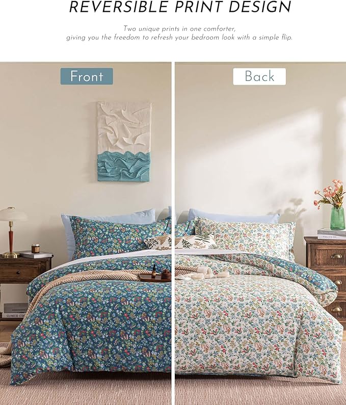 Cotton Floral Comforter Queen Size - 3PC Lightweight Bedding Sets with Ultra-Soft Alternative Fill, Luxurious Reversible Design with Vibrant Floral Pattern, Deep Slate Blue & White Options