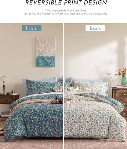 Cotton Floral Comforter Queen Size - 3PC Lightweight Bedding Sets with Ultra-Soft Alternative Fill, Luxurious Reversible Design with Vibrant Floral Pattern, Deep Slate Blue & White Options